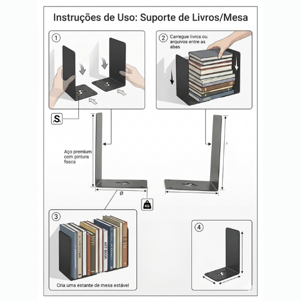 Bibliocanto Em L Suporte Livro Apoio Lateral Cor Preto 1 Par